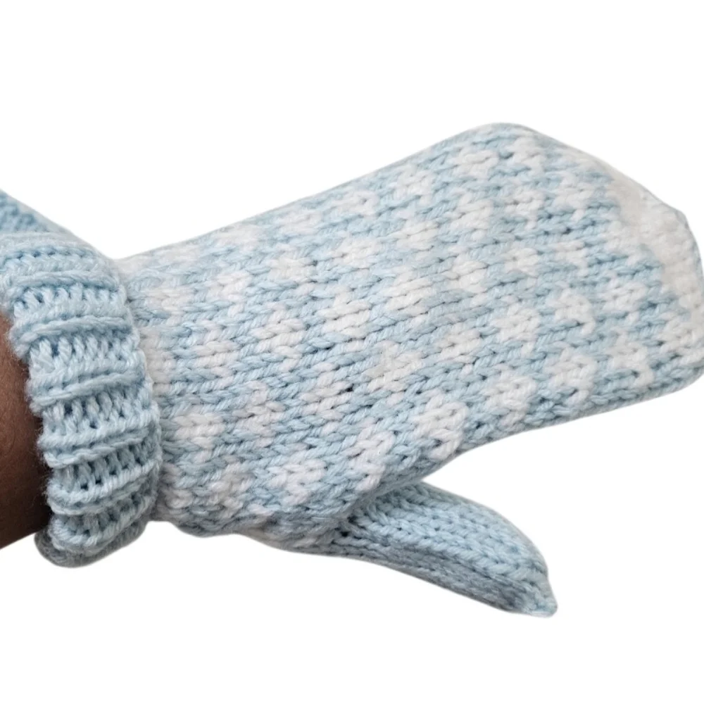 Hand Crafted Crochet Mittens Heart Design Ribbed Trim One-of-a-Kind Blue White